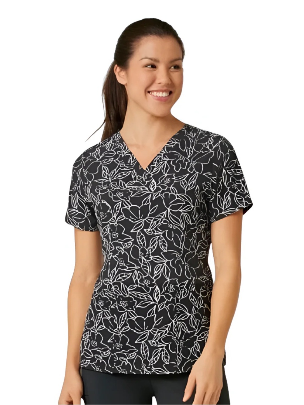 WonderWink Black & White Floral V-Neck Short Sleeve Top